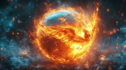Obraz premium fiery phoenix bird decorates soccer ball on dark background, representing football championship excitement and sports betting.stock photo