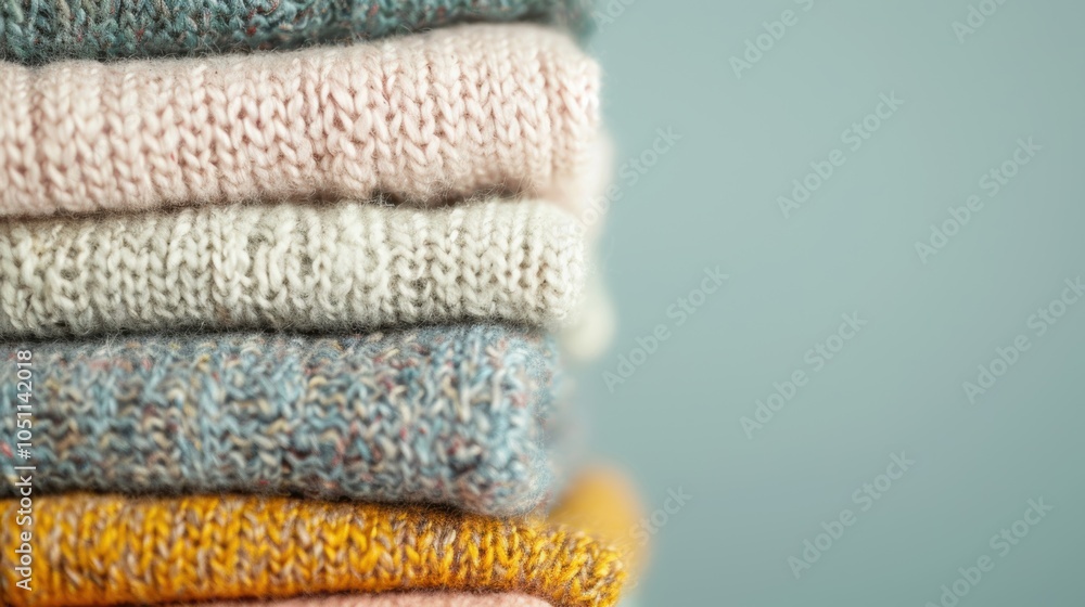Poster soft, cozy sweaters are neatly folded in calming pastel hues, creating a warm and inviting display a