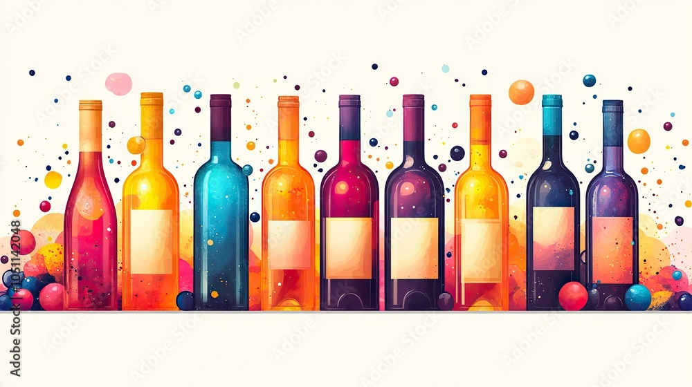 Poster flat graphic featuring colorful wine bottles, adding fun and modern touch to the