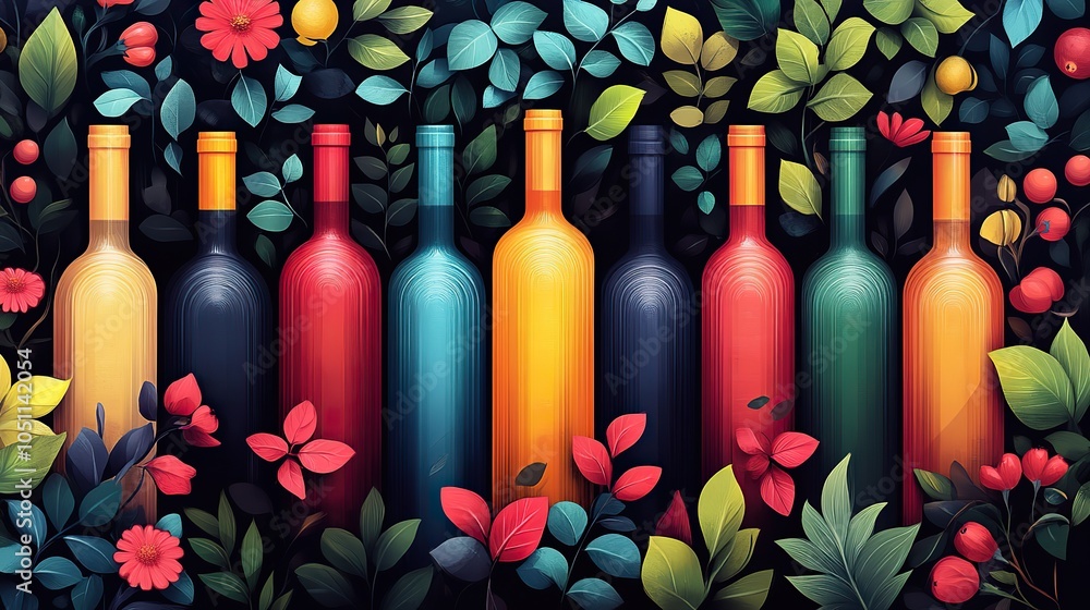 Poster flat graphic featuring colorful wine bottles, adding fun and modern touch to the stock photo