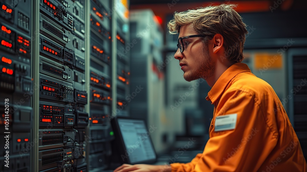 Poster flat man working at computer in front of server racks, with space for banner or promotional material