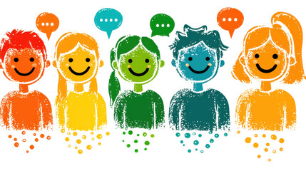 Fototapeta premium Cheerful cartoon illustration of diverse children with speech bubbles, symbolizing communication, diversity, and social interaction.