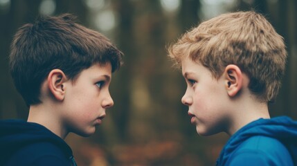 Fototapeta premium Two young boys stand face to face in a forest, looking at each other with intense expressions, creating a dramatic moment.