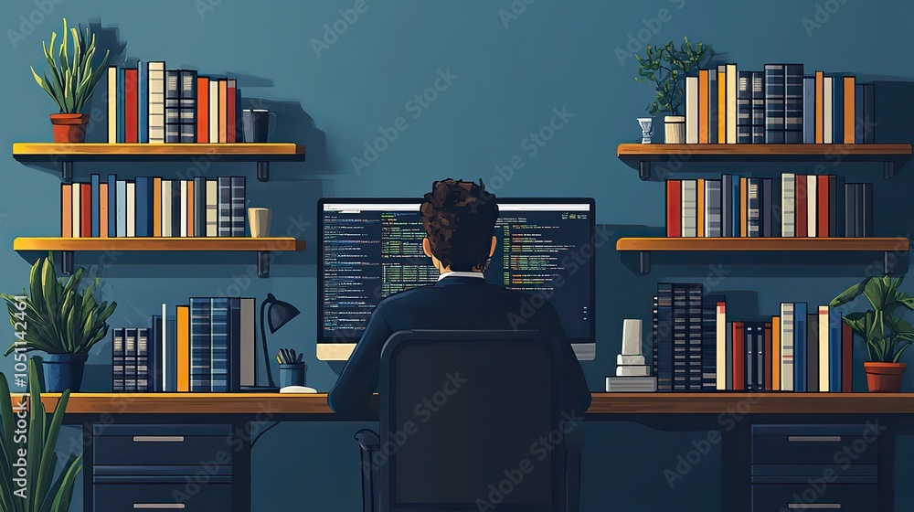 Poster flat web host working at desk with computer, with server rack in the background.