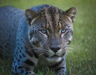 Fototapeta premium blue jaguar with blue eyes is in the grass.