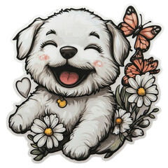 Happy Maltese Puppy with Daisies and Butterflies