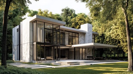Contemporary house with large glass windows and white marble walls, AI generated image