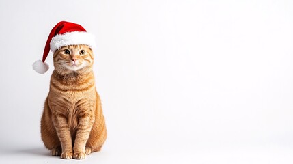 2410 5.A ginger cat sits calmly in a red Santa hat, set against a pure white background. The festive attire contrasts with the catâ€™s warm orange fur, creating a whimsical holiday portrait with ample