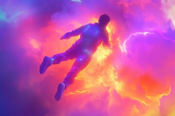 Naklejka premium A man is flying through a colorful sky