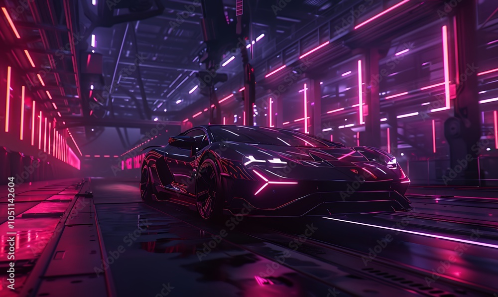 Poster High-Tech Automated Automotive Factory with Robotic Systems Assembling Electric Vehicles