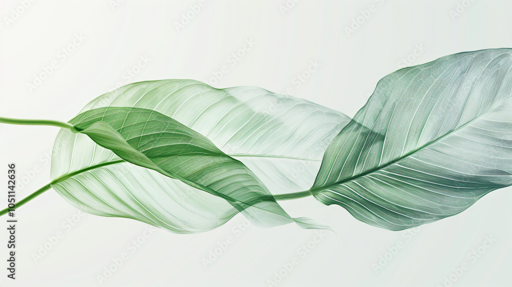 Poster a delicate illustration of layered green leaves with soft transparency, creating a calming and natur