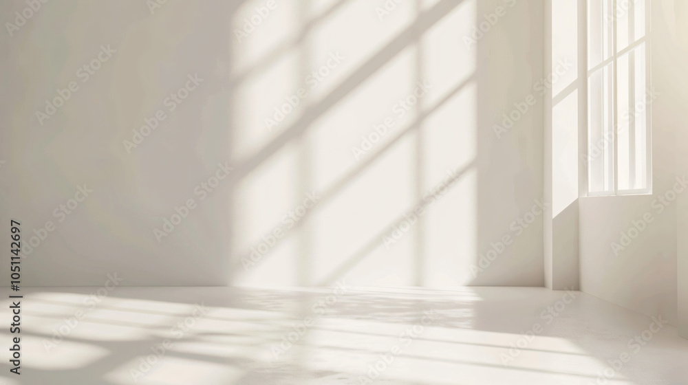 Poster a bright room with soft shadows cast by sunlight streaming through large windows, highlighting a min