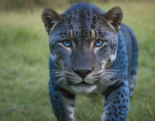 Obraz premium blue jaguar with blue eyes is in the grass.