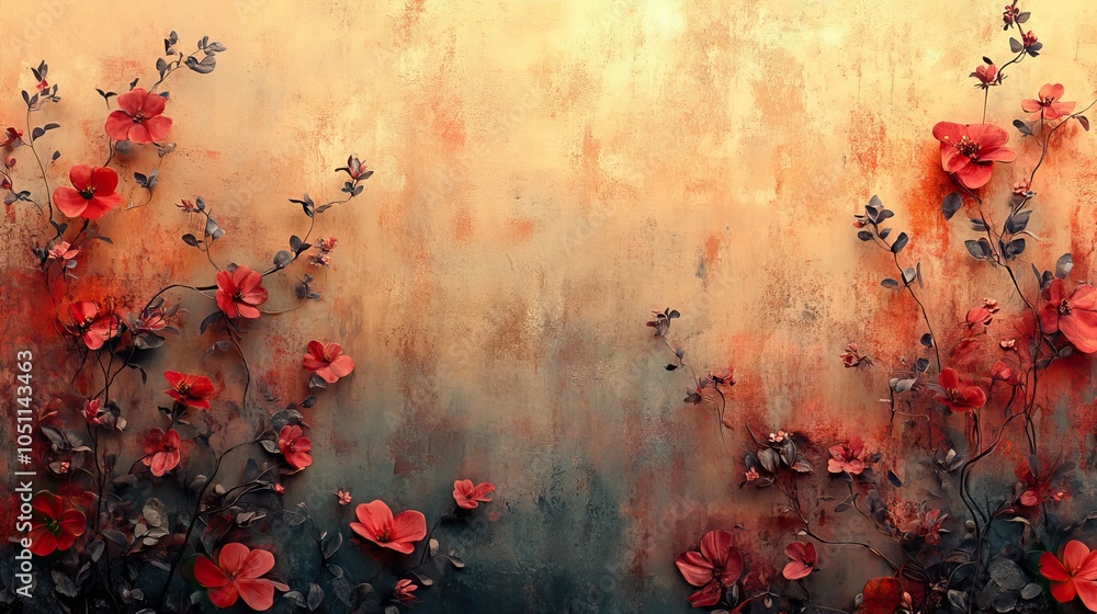 Poster floral round grunge background features intricate flowers and foliage, creating delicate and artistic pattern.image