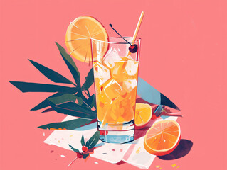 A refreshing cocktail in a tall glass with orange slices and a cherry, set against a pink background, emphasizing summer relaxation and enjoyment.