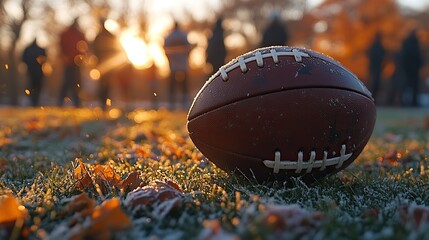 football is held above grass, blurred players standing behind, as the sun sets.illustration