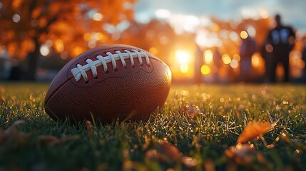 football is held above grass, blurred players standing behind, as the sun sets.stock photo