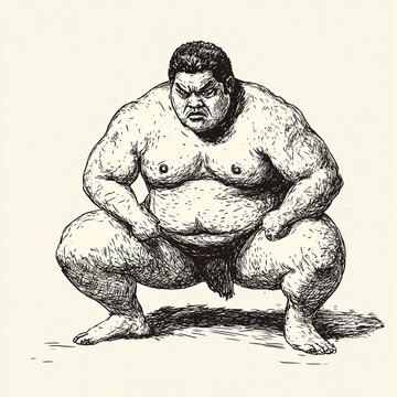 recommend clip art: A Pen and Ink Drawing of a Sumo Wrestler in a Fighting Stance