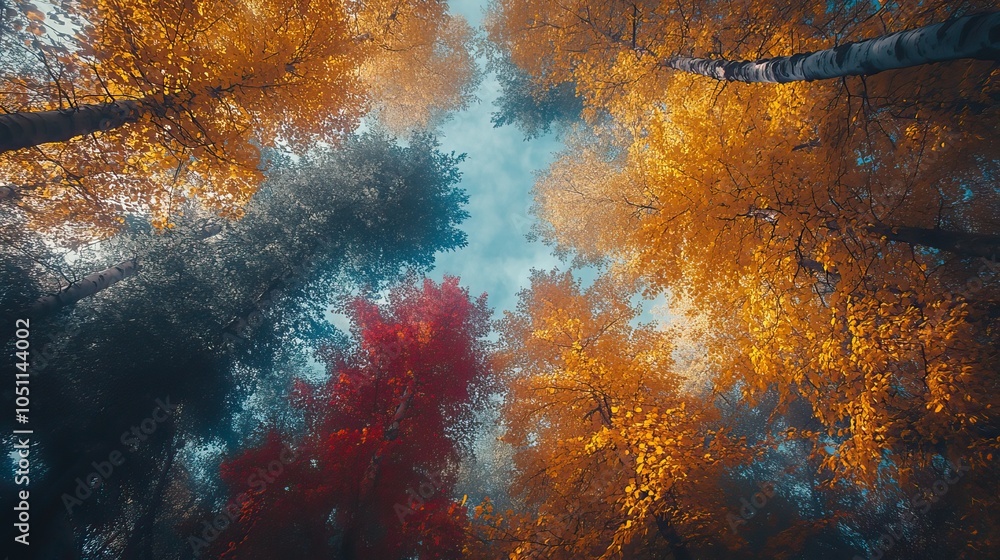 Aufkleber forest in autumn with trees of various colors, their crowns intertwining against the bright sky.stoc