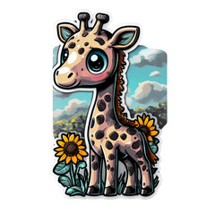 Fototapeta premium Cute Cartoon Giraffe with Big Eyes in a Field of Sunflowers