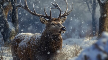 2410 101.A close-up of a red deer stag standing in a snow-covered landscape, with large antlers dusted in fresh snow. Snowflakes fall gently around the stag as it stands alert, its fur blending with