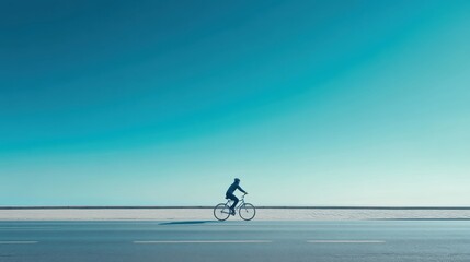 Fototapeta premium Cyclist riding on a clear road under a blue sky, minimalist and serene atmosphere.