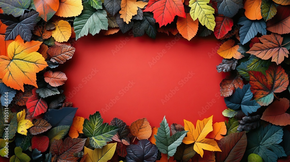Poster frame made of colorful autumn leaves on red background, representing hello autumn or thanksgiving da