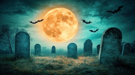 A spooky Halloween night with a glowing full moon and bats flying over a creepy graveyard.