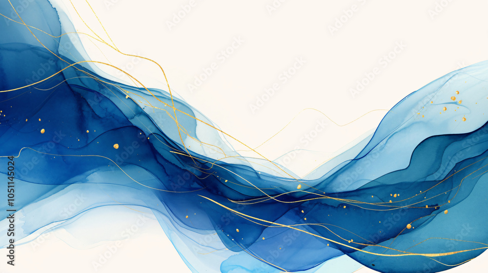 Poster an artistic representation of flowing blue waves with golden accents, creating a serene and elegant 
