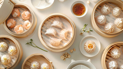 A detailed image showcasing a variety of dim sum dishes arranged in bamboo steamers accompanied by a small cup of tea and garnished with herbs for food presentation.