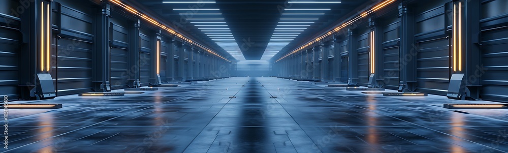 Poster robotic warehouse with drones and mechanical arms sorting, packaging, and distributing products