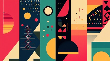 2410 55.A set of modern Christmas cards designed in a geometric flat style, featuring iconic holiday elements such as a Christmas tree, wreath, and mitten. The minimalist shapes and vibrant