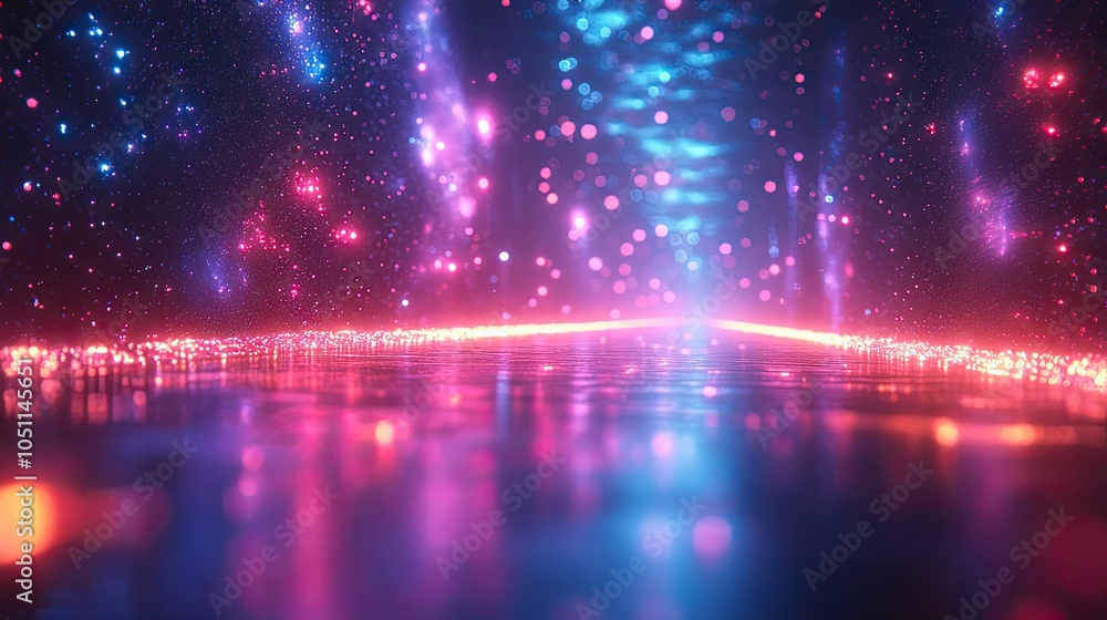 Poster futuristic abstract background with glowing neon lines reflecting off the floor, featuring purple an