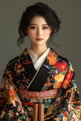 Elegant woman in floral black kimono. Young woman wearing a beautifully detailed black floral kimono. The image portrays grace, tradition, and Japanese culture.