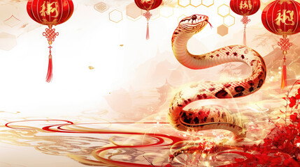 Golden snake, red lantern, Chinese New Year illustration
