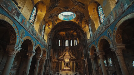 Obraz premium Wide shot of the interior of an old cathedral with gold and blue mosaics, centered composition, golden hour lighting