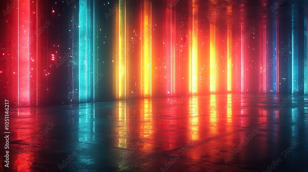 Fototapete futuristic dark room with neon lines and reflections on the floor, creating digital display background ideal for modern stock photo