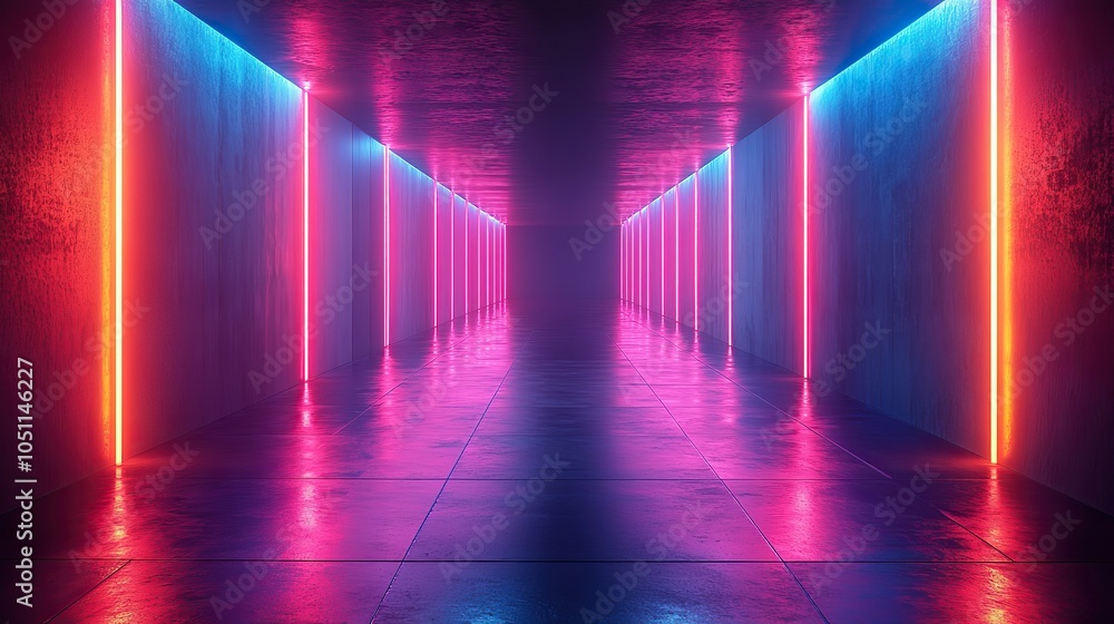 Poster futuristic dark room with neon lines and reflections on the floor, creating digital display background ideal for modern