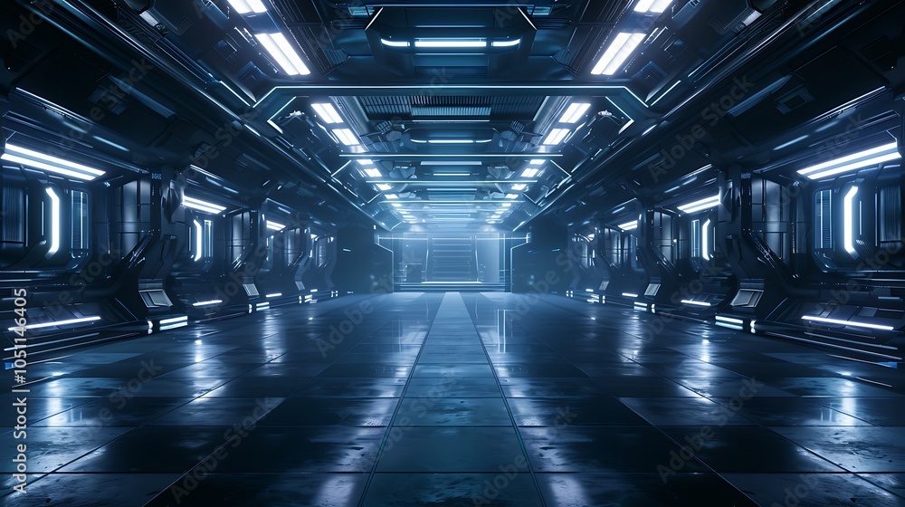 Poster futuristic manufacturing plant with automated systems producing high-tech components