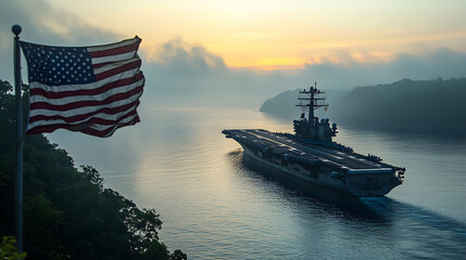 The American Flag Blowing in the Wind with a U.S. Navy Destroyer in the Background – A Symbol of Patriotism, Naval Strength, and National Pride at Sea
