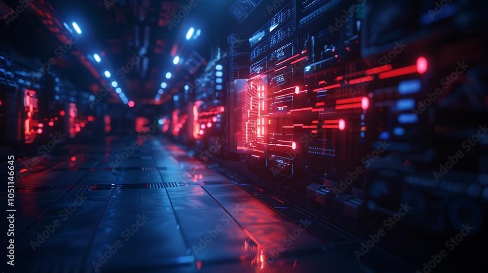 Poster futuristic manufacturing plant with automated systems producing high-tech components