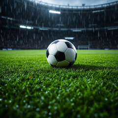 Uma bola no campo de futebol sob forte chuva, estádio.