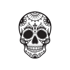 Traditional Black and White Dia de los Muertos Skull Illustration for Mexican Festival Designs
