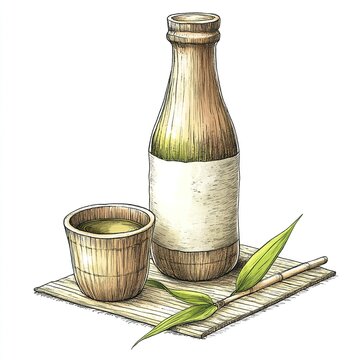 recommend clip art: A hand-drawn illustration of a sake bottle, cup, and bamboo leaves on a wooden mat.