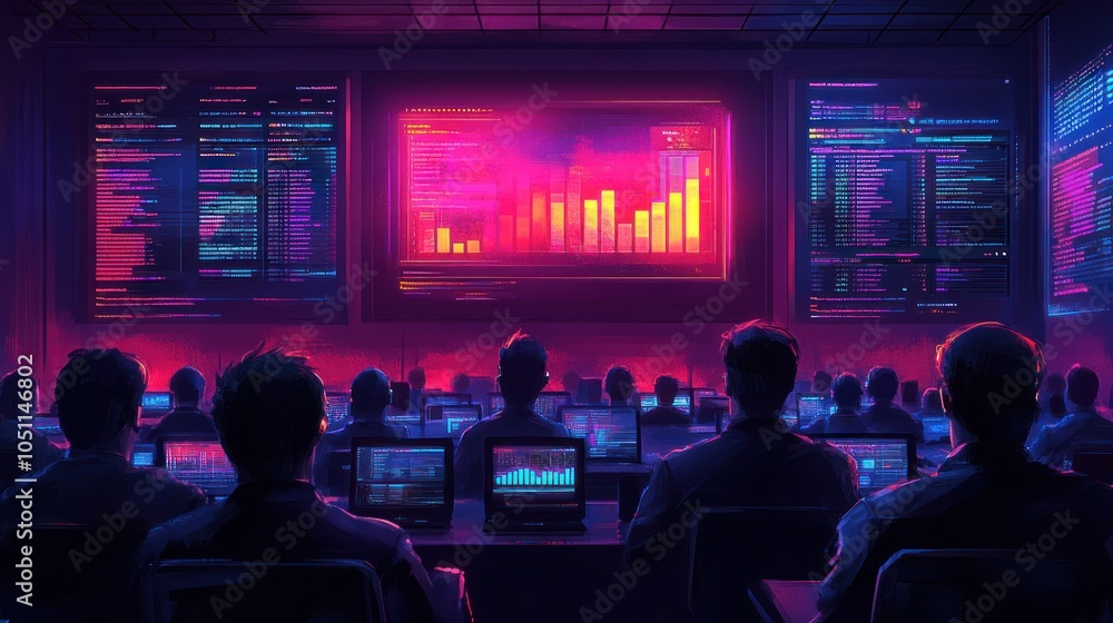 Poster a group of people in a dark room, illuminated by neon lights, working on computers with code on the 