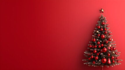 Elegant Christmas tree adorned with red ornaments on red background