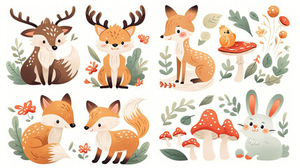 Fototapeta premium Illustrations of small animals in the forest, including deer, foxes, and rabbits