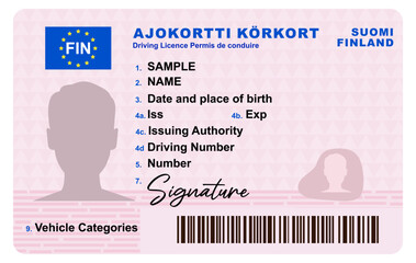 Finland driving license isolated on white background. Person driver license.