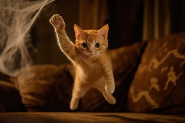 A cat is jumping in the air and it looks like it is playing
