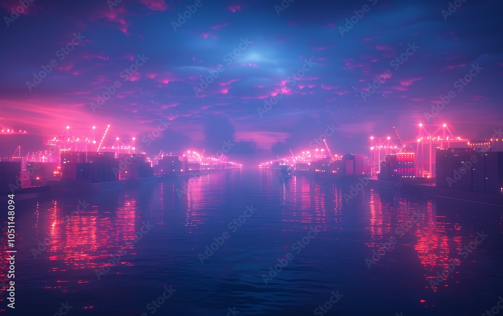 Poster advanced industrial port with autonomous ships and ai-controlled logistics hubs